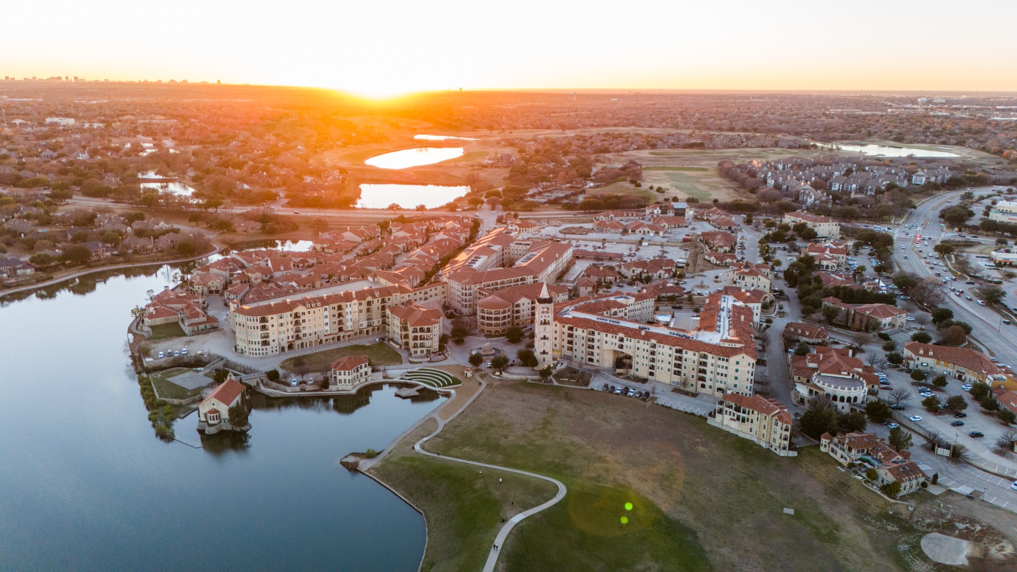 Aerial view of Adriatica Village in McKinney, Texas, home of Bella Donna Chapel