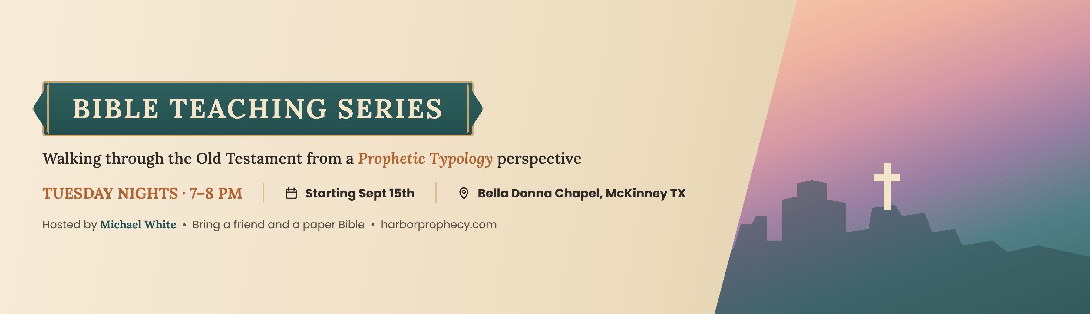 Typology Bible Teaching Series - Walking through the Old Testament from a Prophetic Typology perspective. Tuesday Nights 7-8 PM, starting September 15th at Bella Donna Chapel, McKinney TX.